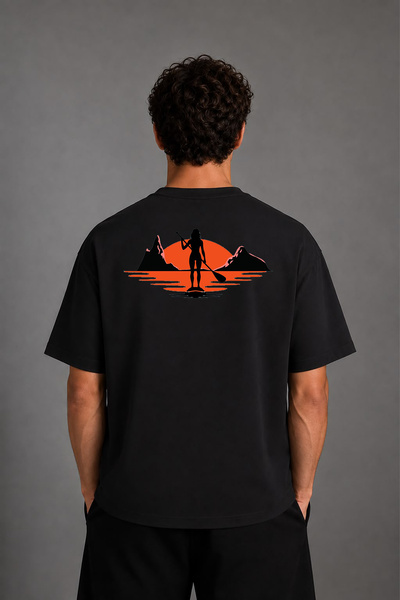VSRN Μπλουζάκι με σχέδιο Sunset Surf και στάμπα στην πλάτη, μαύρο, oversized