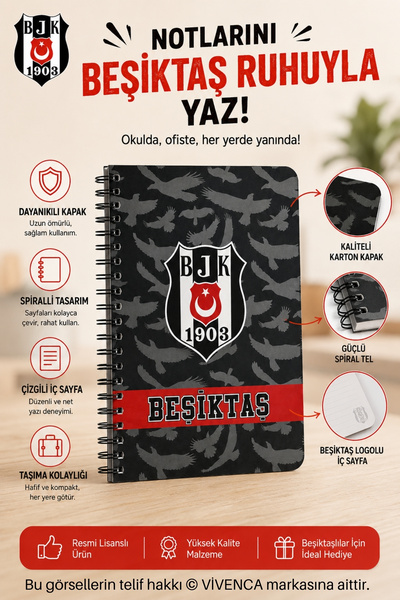 Beşiktaş Licensed Spiral Notebook A6 Lined Thick Cover Medium Size 60 Pages S...