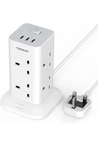 TESSAN 8 Way Tower Extension Lead 5M with 3 USB Slots | 5 Metre Extension Cab...