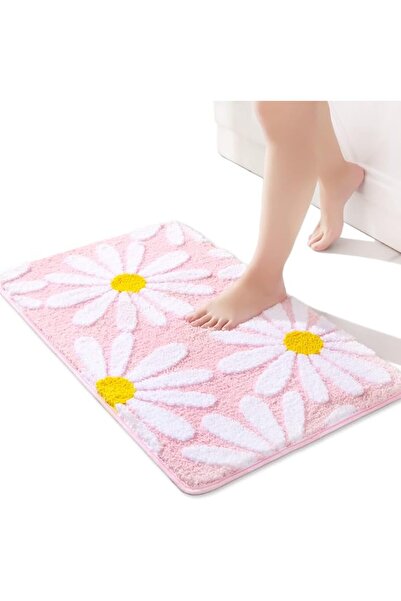 QJHOMO Pink Bathroom Rugs Cute Daisy Bath Mat White and Yellow Flower Decor R...