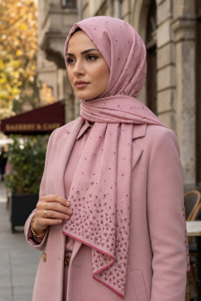 Lesscarves Desenli Pamuk İpek Şal LS2302 Çiçekli Desen 10-Pudra