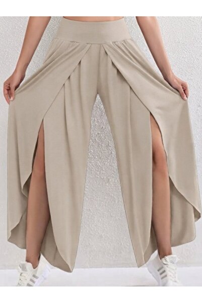 Wear Up بنطال نسائي مرتفع الخصر مرن من الأمام متقاطع التفاصيل رملي