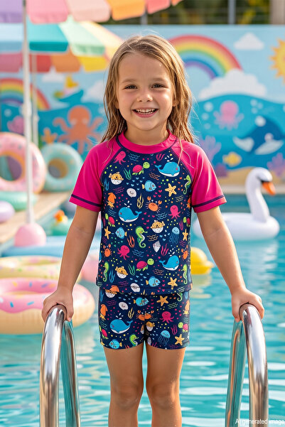 Haliç Mayo Octopus Pattern Short Sleeve Children's Swimsuit Swimsuit 4411 Coral