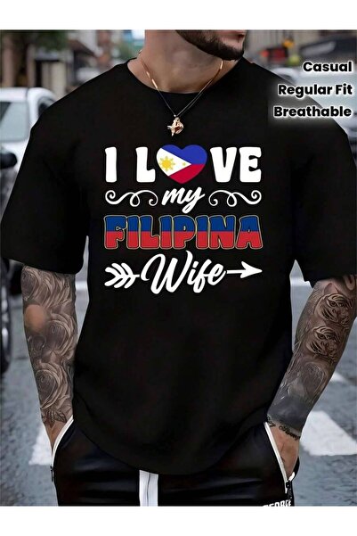 26LIK تي شيرت رجالي بتصميم I Love My Filipina Wife، تصميم الفلبين مع قلب وسهم...