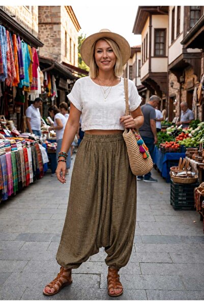 MİNUSA DESİGN Sofya Linen Fabric Bohemian Style Authentic Shalwar with Double...