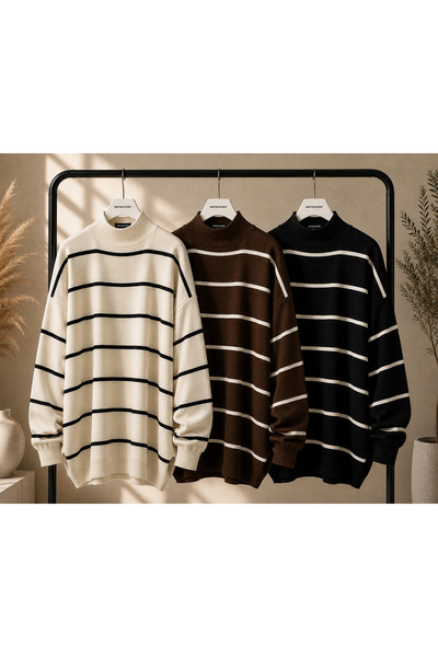 DepoExport Women's 3-Piece Striped Knitwear Sweater Oversize Loose Design