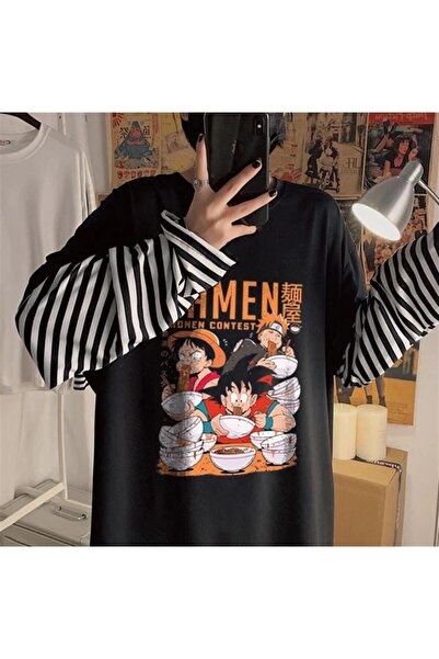DEEFWEAR تي شيرت أسود مطبوع عليه ملصق أنيمي بأكمام وهمية للجنسين