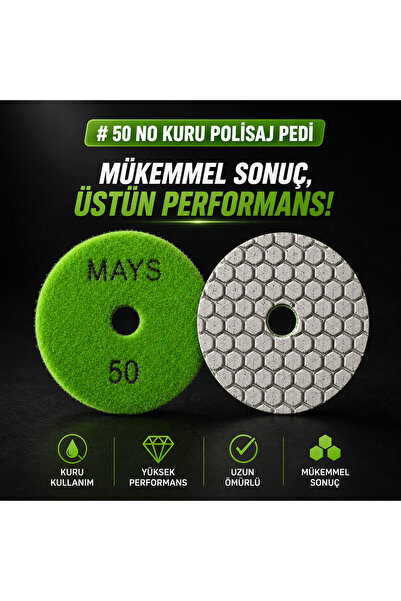 MAYS 50 No Kuru Polisaj Pedi 100 mm Mermer Granit Porselen Kuvars Çimstone Pa...