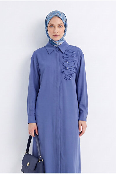 Armine TREND Gizli Patlı Tam Boy Düğmeli Gömlek Yaka 120 cm Boy Tunik İndigo ...