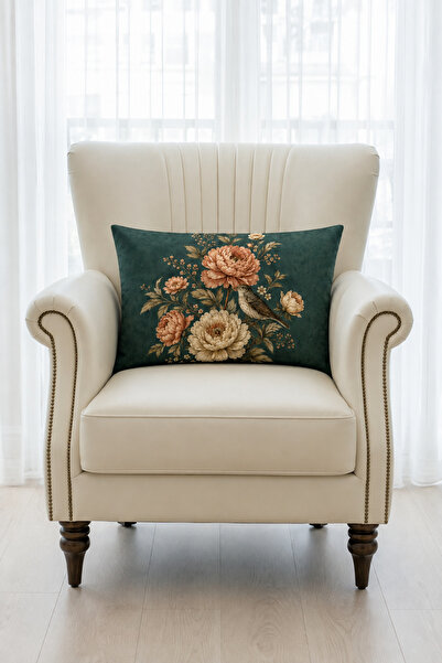 Bebişim Halı Green Floral Bird Patterned 2-Piece Throw Pillow Cover 35X55 cm