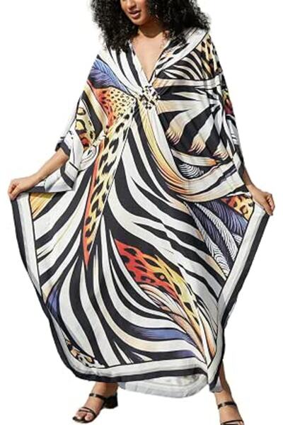 YouKD Women's Pirnt Floral Long Kaftan Maxi Dress Pluse Size Bikini Beach Cov...