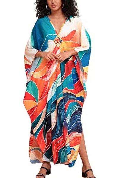 YouKD Women's Pirnt Floral Long Kaftan Maxi Dress Pluse Size Bikini Beach Cov...