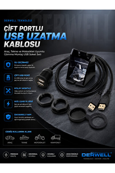 Derwell Çift Portlu Panel Tipi USB Uzatma Kablosu; Araç, Tekne ve Motosiklet ...