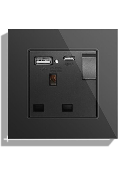 Bseed Single Switched Wall Socket 1 Gang Black with USB C & USB A Charging po...