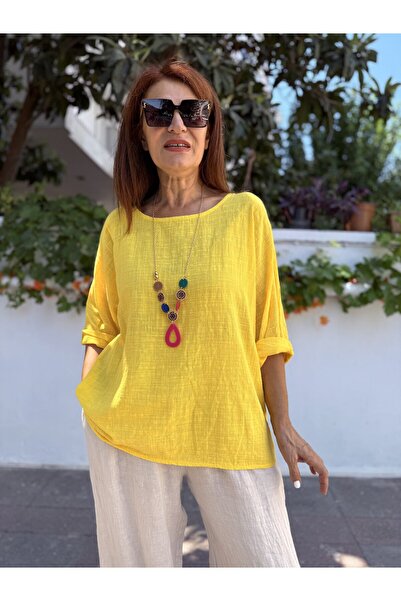 DenizEge Italian Cotton - Linen Textured Blouse with Pendant Yellow