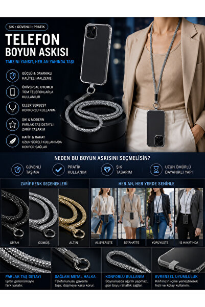 Cep Telefonu Taşlı Boyun Askısı (50CM) Gümüş