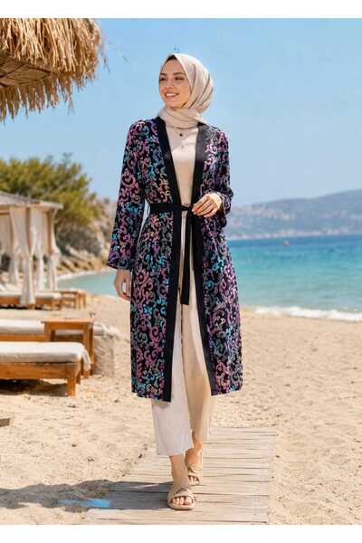 moonra collection Trendy Ethnic Pattern Hijab Belted Kimono