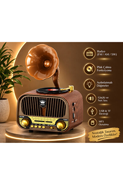 BLOMSTER Everton Rt-728Nostaljik Gramofon Görünümlü Radyo Plak Çalar Bluetoot...