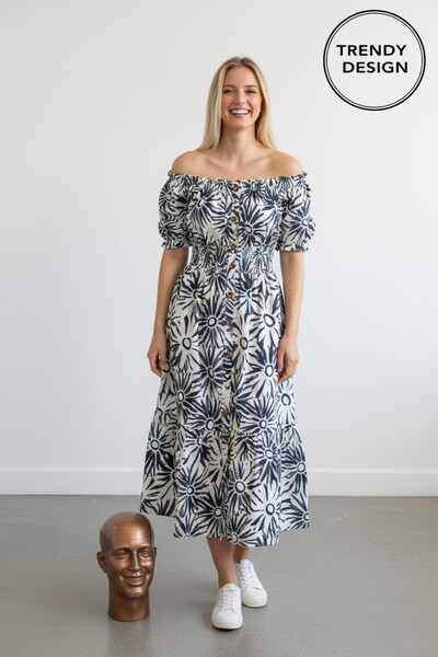 Trendy Design Rochie de Vară Midi cu Decolteu Bardot și Imprimeu Floral