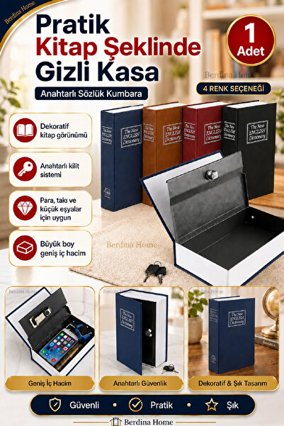 Berdina Home Large Size Book-Shaped Hidden Metal Safe Box with Key and Lock D...
