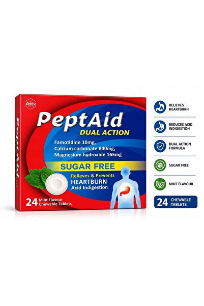 Zeino Pharma PeptAid Dual Action Sugar Free Chewable Tablets Mint Flavour for...