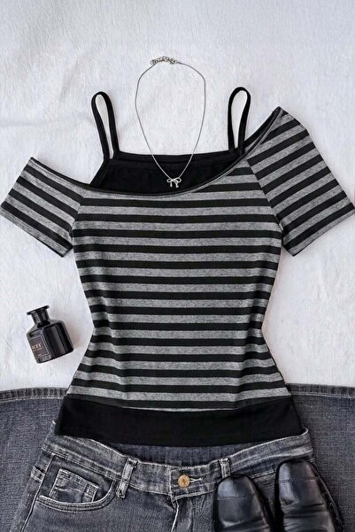 ARS Butik Siyah Antrasit Çizgili Ek Askılı Harajuku Y2K Kısa Kollu Crop