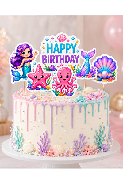 GREATOY Mermaid Themed Cake Toothpick Set of 6 Happy Birthday under the Sea B...