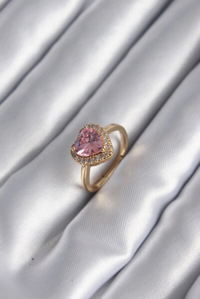 SORA GROUP Brass Gold Color Pink Zircon Stone Heart Charm Model Women's Ring