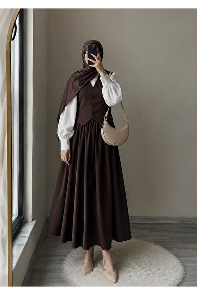 Mivelya Women's Hijab Double Vest & Skirt Flared Set