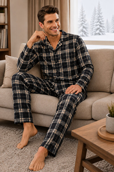 Free Beka Plaid Pattern Long Sleeve Shirt Collar Buttoned Men's Pajama Set