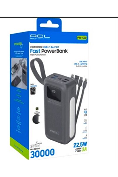 ACL PW-130 30000MAH Powerbank 22.5W Hızlı Şarj LCD Göstergeli Dahili 4 Kablol...