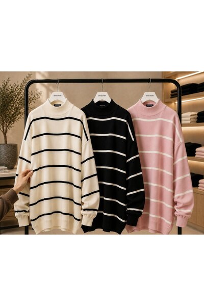 DepoExport Women's 3-Piece Striped Knitwear Sweater Oversize Loose Design