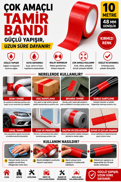 Sapcı Premium Çok Amaçlı Tamir Bandı 10 Metre x 48 mm Kırmızı