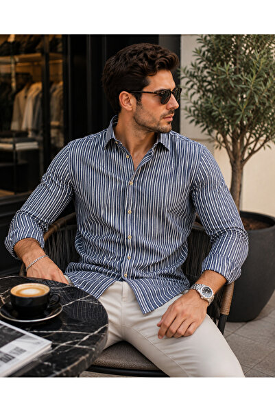DYNAMO Men's Navy Blue Striped Lycra 100% Cotton Regular Fit Sports Shirt Lon...