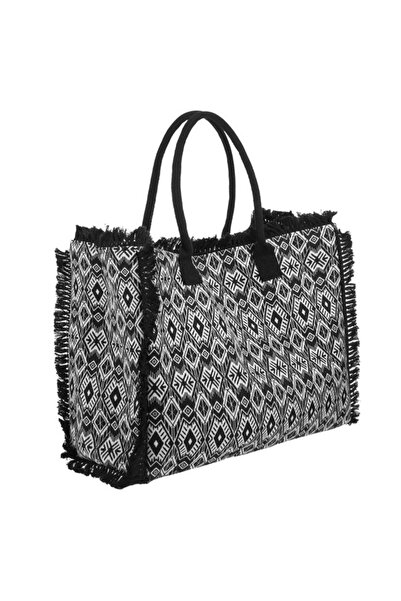 OEM Geanta Plaja Totebag Ecru Neagra cu Model Geometric 62x15x37cm