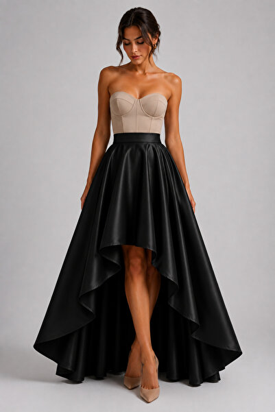 FİYPER Women's Black Matte Satin High Low Asymmetrical Long Evening Dress Skirt