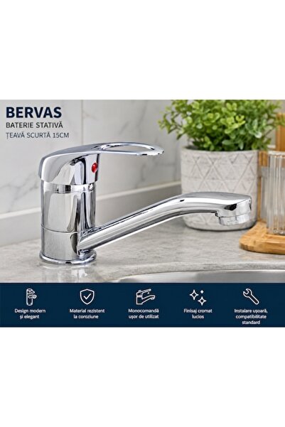 Bervas Baterie de blat cu pipă scurtă de 15 cm – Monocomandă, Finisaj cromat