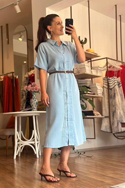 Unique Boutique Blue Front Buttoned Midi Dress with Stitching Detail and Knit...