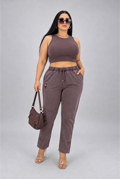 MOTIVATION Plus Size Akar Fabric Mom Elastic High Waist Lace-Up Cuff Button D...