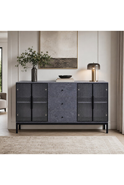DEC4 Modern Wooden Buffet Cabinet with Ribbed Glass and Metal Base