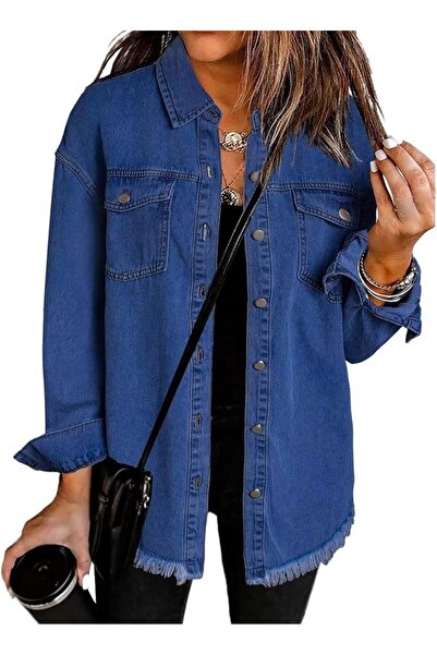 GENERAL Denim Jacket for Women Oversized Boyfriend Jean Jacket Button Up Fray...