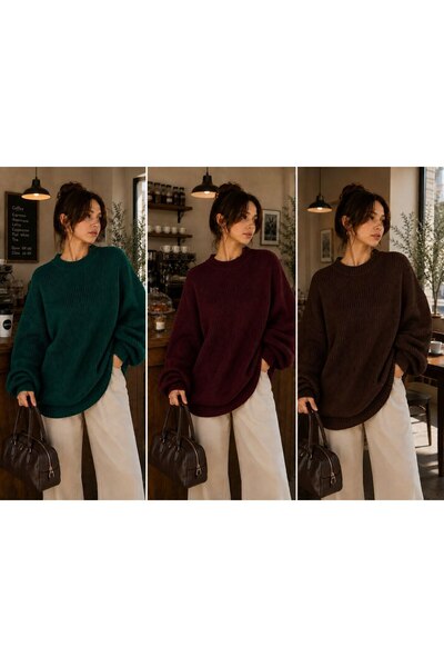 depoxport Women's 3-Piece Premium Crew Neck Oversize Knitwear Sweater Soft Kn...