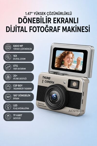 ACSTECH 68MP Mini Dijital Fotoğraf Makinesi | 180° Dönebilir Selfie Ekranı | ...
