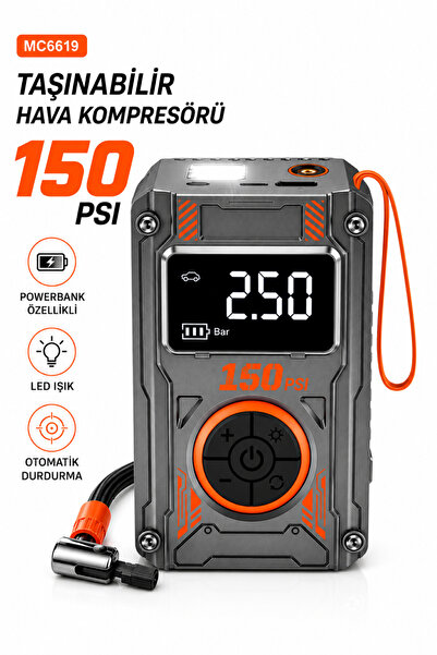 Taşınabilir Hava Kompresörü 150 PSI 4000 mAh Powerbank Dijital Lastik Şişirme Pompası LED Işıklı USB Şarjlı