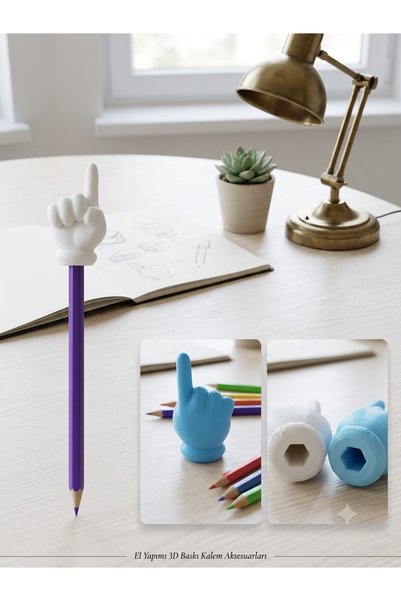 3D Baskı Eğlenceli El Figürlü Kalep Arkası Aparatı - İşaret Parmağı Tasarımlı Kalem Başlığı (2'li / Çoklu Renk)