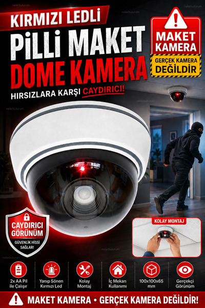 nelerbulurum Kolay Kurulumlu Kırmızı Yanıp Sönen Kırmızı Ledli Pilli Maket Güvenlik Kamerası Dome Caydırıcı Kamera 100X100X65MM