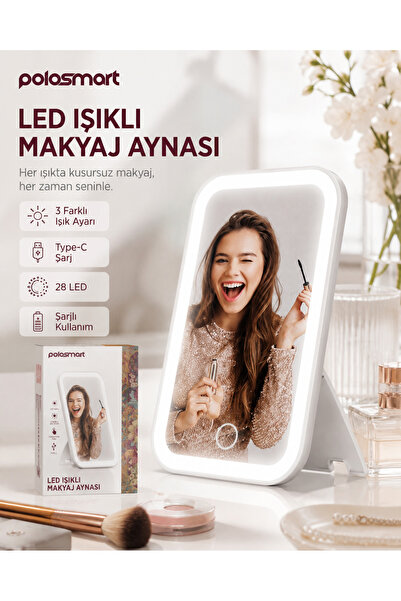 Polosmart LED Işıklı Makyaj Aynası – 28 LED, 3 Farklı Işık Rengi, Ayarlanabil...