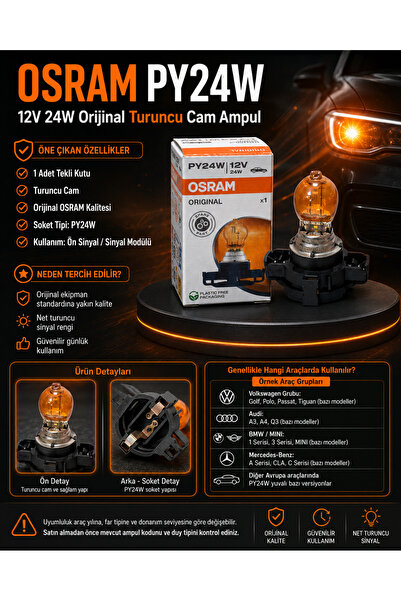 Osram PY24W 12V 24W Turuncu Cam Sinyal Ampulü Orijinal 1 Adet