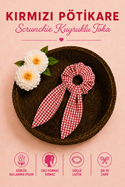 Hophera Red and White Gingham Tail Scrunchie with Strong Elastic Hair Clip