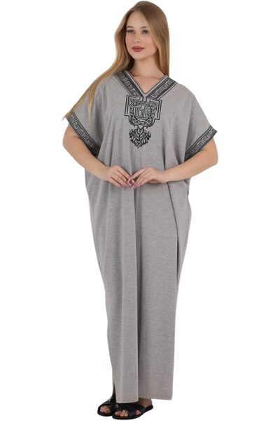 ZECOTEX Women's Long Home Abaya, Grey, Cotton | Embroidered, Loose Fit, Half ...